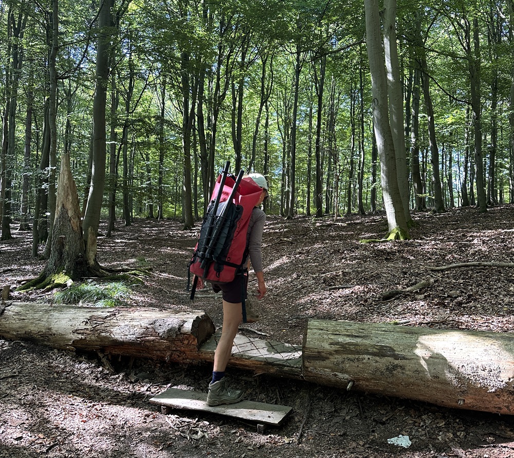 Wanderer trägt einen Packraft-Rucksack durch den Wald in der Eifel